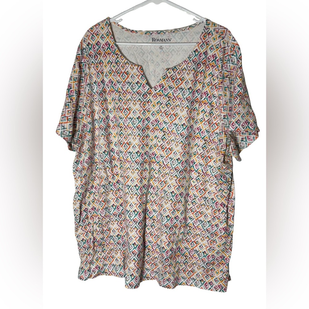 Roaman's Orange,‎ Green and Purple Geometric Women's Top